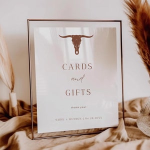 Szablon znaku Western Terracotta Cards and Gifts, znak upominkowy na ślub w kolorze rdzy pustynnej, znak upominkowy Burnt Orange Longhorn, znak na wieczór panieński | Sadie