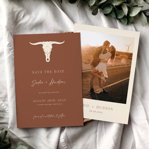 Western Terracotta Save the Date Template, Desert Rust Save Our Date Card, Boho Burnt Orange Wedding Announcement, Rustic Longhorn - Sadie