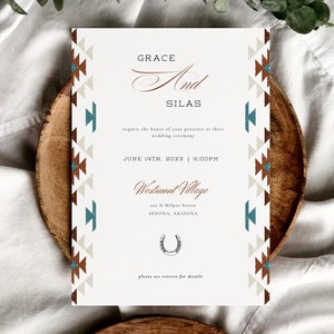 de Faire-part de mariage du sud-ouest des États-Unis, Faire-part de mariage dans le désert tout-en-un, Faire-part de mariage tribal turquoise, Carte détaillée RSVP | Grâce