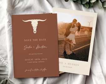 Western Terracotta Save the Date Template, Desert Rust Save Our Date Card, Boho Burnt Orange Wedding Announcement, Rustic Longhorn | Sadie