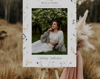 Elegant Floral Graduation Welcome Sign with Photo, Wildflower Wreath Graduation Party Entry Sign Template, Greenery Entrance Poster | Audrey