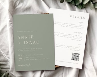 Minimalist Sage Green Wedding Invitation Template, Modern Sage Wedding Invite, Simple Mint Green Wedding Invitation, RSVP Card - Annie