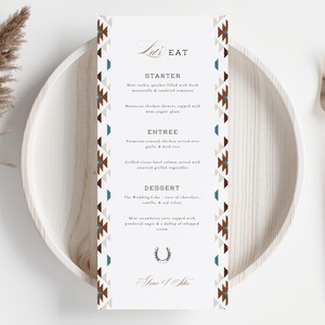 Modèle de menu de mariage du Sud-Ouest, Menu de bar de mariage dans le désert, Carte de boissons tribales turquoise, Menu de dîner aztèque, Mangeons, Buvons | Grâce