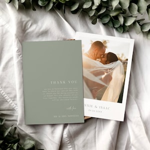 Minimalist Sage Green Wedding Thank You Card Template, Modern Sage Photo Thank You Card, Simple Mint Green Wedding Thank You Letter | Annie
