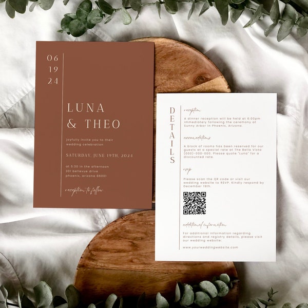 Minimalist Terracotta Wedding Invitation Template, Modern Rust Wedding Invite, Boho Burnt Orange Wedding Invitation, RSVP Detail Card - Luna
