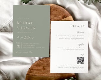 Minimalist Sage Green Bridal Shower Invitation Template, Modern Sage Bridal Shower Party Invite, Simple Olive Brunch Invitation | Annie
