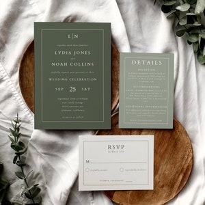 Elegant Olive Green Wedding Invitation Bundle, Modern Sage Green Invitation Suite, Minimal Forest Green Wedding Invite Template Set - Lydia