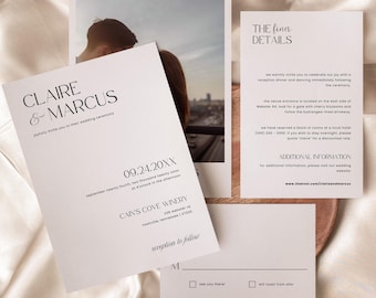 Peut inclure: Ensemble de papeterie de mariage blanche avec texte noir. L'invitation comprend les noms "Claire & Marcus" et la date "09.24.20XX". Des cartes supplémentaires fournissent des détails et des options de réponse. La papeterie est disposée sur une surface en satin blanc.