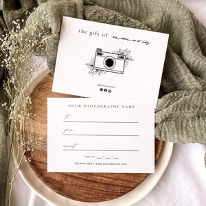 Modern Photography Gift Certificate Template, Minimalist Photographer Gift Card, Custom Photo Session Gift Voucher, Editable Coupon | Sienna