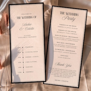 Modello di programma di matrimonio classico in stile old-school, cronologia del giorno del matrimonio vintage senza tempo, ordine del servizio per un matrimonio di lusso minimalista / Coco