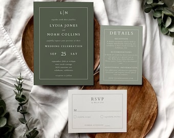 Elegante pacchetto di inviti per matrimonio verde oliva, moderno set di inviti verde salvia, set di modelli di inviti per matrimonio verde foresta minimali / Lydia