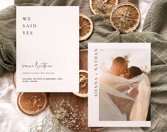 Modern Elopement Announcement Template, Minimalist Wedding Announcement, We Said Yes, Contemporary Photo Wedding Announcement | Sienna
