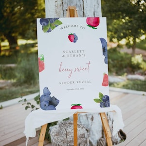 Beere Süße Gender Reveal Willkommensschild Vorlage, Erdbeere Gender Reveal Party Einstiegsschild, Blaubeere Junge oder Mädchen Poster | Scarlett