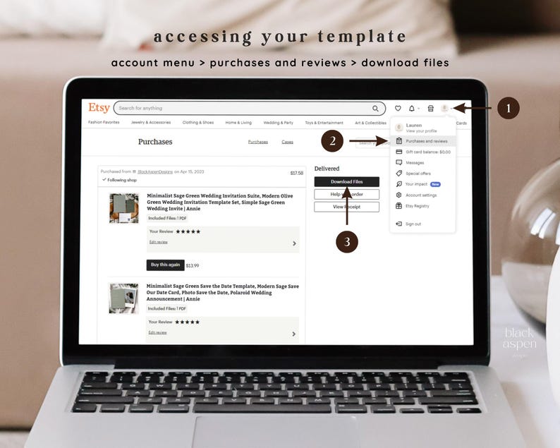 May include: A screenshot of an Etsy purchase page showing how to download digital files. The page shows a listing for a minimalist sage green wedding invitation template set. The instructions are: "account menu > purchases and reviews > download files".