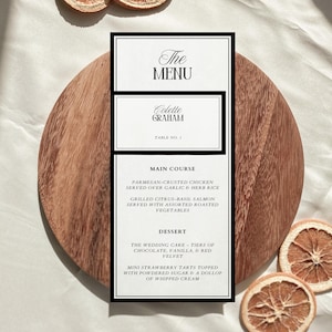 Ensemble de menus et marque-places Old Money classique, cartes de menu pour dîner de mariage vintage intemporelles, cartes de visite de réception de luxe minimalistes | Coco