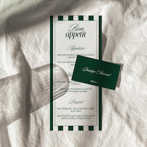 Ensemble de menus et marque-places rayés vieil argent, Cartes de menu pour dîner de mariage vert émeraude élégantes, Cartes de visite classiques pour réception de style vintage vintage | Un centime