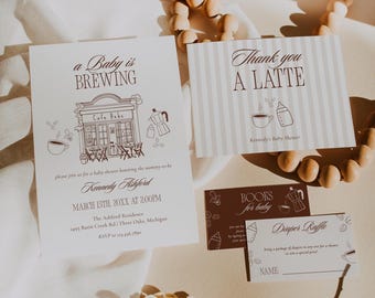 Baby is Brewing Baby Shower Invitation Set, Coffee Theme Cafe Bebe Baby Shower Invite, Luxury Espresso Canva Template Bundle | Kennedy