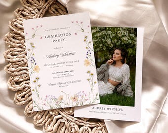 Elegant Floral Graduation Invitation Template, Vintage Wildflower Wreath Graduation Announcement, Classy Greenery Grad Party Invite | Audrey