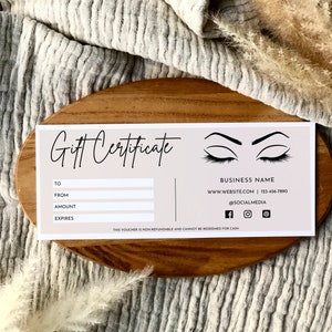 Plantilla de certificado de regalo para pestañas, tarjeta de regalo bohemia imprimible, cupón de regalo editable para pequeñas empresas, cupón para extensiones de pestañas, certificado de salón