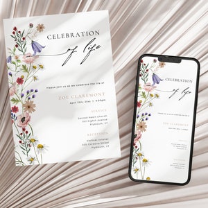 de Faire-part Célébration de vie de fleurs sauvages, Faire-part commémoratif floral épanoui, Faire-part pour les funérailles de printemps, Avis de décès numérique | Zoé