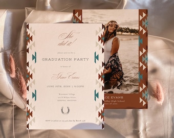 Southwestern Graduation Invitation Template, Desert Graduation Announcement, Turquoise Tribal Photo Graduation Party Invite | Grace