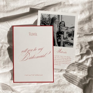 Modello di proposta di matrimonio per damigella d'onore di lusso senza tempo, proposta romantica per damigella d'onore rossa, elegante biglietto d'auguri "Vuoi essere la mia damigella d'onore?" / Tori