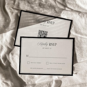 Plantilla clásica de tarjeta RSVP de Old Money, tarjeta de respuesta de boda minimalista de lujo, inserto de tarjeta RSVP con código QR atemporal, respuesta amable / Coco