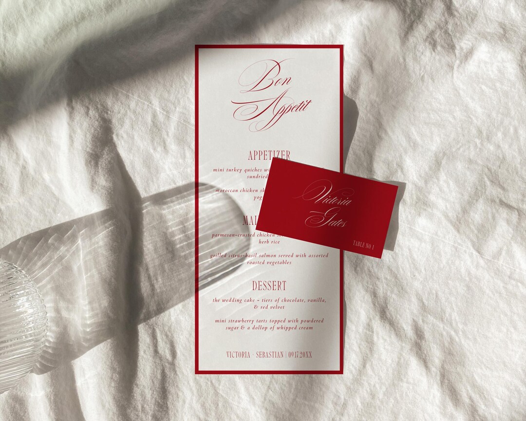 Timeless Luxury Menu & Place Card Set, Romantic Red Wedding Dinner Menu ...