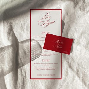 Tijdloze luxe menukaarten en plaatskaarten, romantische rode menukaart bruiloft diner, elegante oude visitekaartjes voor geldreceptie, lekker eten | Tori