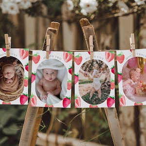 Plantilla de pancarta con foto para el primer cumpleaños de Berry, tarjetas de hitos para el primer cumpleaños de Strawberry, recuerdo fotográfico mensual de niña de verano / Scarlett