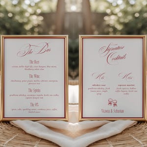 Carte de bar de luxe intemporelle et enseigne pour cocktails de marque, enseigne pour boissons mariage rouge romantique pour lui et pour elle, carte de boissons élégante à thème Old Money | Tori