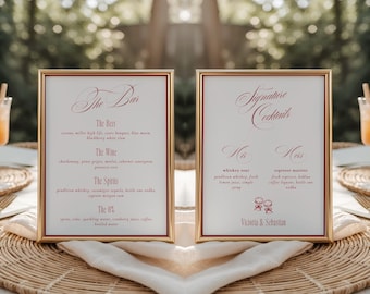 Letrero de bar de lujo atemporal y cócteles exclusivos, letrero romántico de bebidas para él y para ella en una boda roja, elegante menú de bebidas de la vieja escuela / Tori
