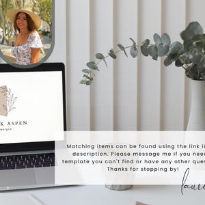 K&ouml;nnte beinhalten: Ein Laptop-Bildschirm zeigt ein Logo f&uuml;r ein Designunternehmen namens "Black Aspen Designs". Das Logo zeigt eine einfache Linienzeichnung eines Zweigs mit Bl&auml;ttern in einem beigen Kreis. Der Text "Matching items can be found using the link in the description. Please message me if you need a template you can't find or have any other questions. Thanks for stopping by! lauren" wird unter dem Logo angezeigt.
