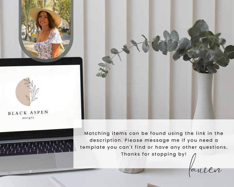 K&ouml;nnte beinhalten: Ein Laptop-Bildschirm zeigt ein Logo f&uuml;r ein Designunternehmen namens "Black Aspen Designs". Das Logo zeigt eine einfache Linienzeichnung eines Zweigs mit Bl&auml;ttern in einem beigen Kreis. Der Text "Matching items can be found using the link in the description. Please message me if you need a template you can't find or have any other questions. Thanks for stopping by! lauren" wird unter dem Logo angezeigt.