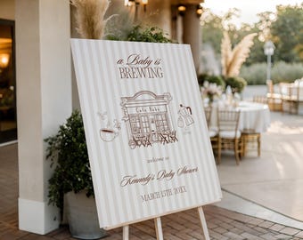 Baby is Brewing Baby Shower Welcome Sign, Coffee Theme Cafe Bebe Baby Shower Entry Poster, Luxury Espresso Editable Canva Template | Kennedy