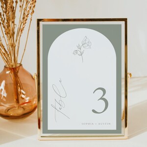 Boho Sage Grüne Tischnummer Schild Vorlage, Gewölbte Hochzeit Sitznummer Karten, Botanische Boho Empfang Tischnummer Tabelle | Sophia