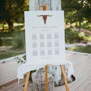 May include: A white sign with a brown bull skull graphic at the top. The sign says "Our Favorite People" and lists names under each table number from 1 to 12. The sign is on an easel.