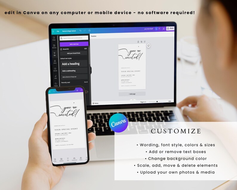 May include: A laptop computer screen displaying a customizable invitation template with the text "you're invited!" on a white background. The text "Canva" is visible on the laptop. A hand is holding a mobile phone displaying the same invitation template. The text "CUSTOMIZE" is visible below the laptop. The text below "CUSTOMIZE" lists the features of the invitation template, including wording, font style, colors, sizes, adding or removing text boxes, changing the background color, scaling, adding, moving, and deleting elements, and uploading photos and media.