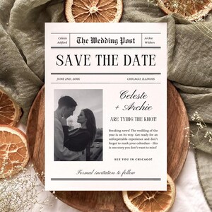新聞の Save the Date テンプレート、ウェディング タイムズの Save our Date カード、ビンテージ ニュースレターの結婚式のお知らせ、最新ニュース | Cece