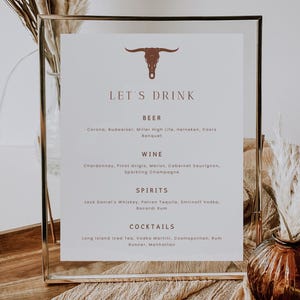 Western Terrakotta Bar Menü Schild, Wüste Hochzeit Let's Drink Schild, Longhorn Getränkekarte Vorlage | Liebe