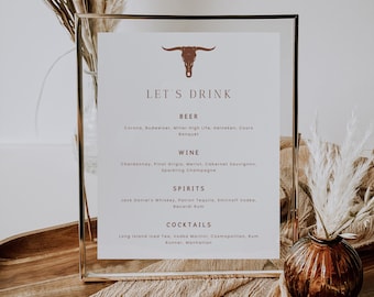 Western Terracotta Bar Menu Sign, Desert Wedding Let's Drink Sign, Printable Longhorn Drink Menu Template | Sadie
