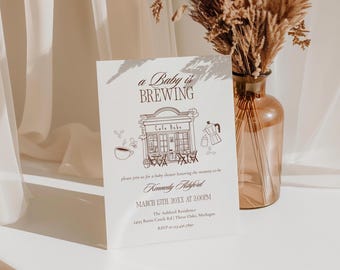 Baby is Brewing Baby Shower Invitation, Coffee Theme Cafe Bebe Baby Shower Invite, Luxury Espresso Editable Canva Template | Kennedy