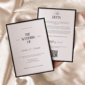 Klassische alte Geld Hochzeitseinladungs-Vorlage, All-in-One-Minimalistischer Luxus Hochzeitseinladung, Zeitlose Hochzeitseinladung mit QR-Code | Kokos