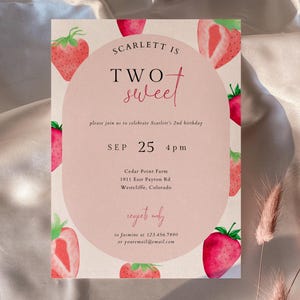 Two Sweet Birthday Invitation Template, Strawberry 2nd Birthday Invite, Editable Girl Summer Second Birthday Invitation | Scarlett