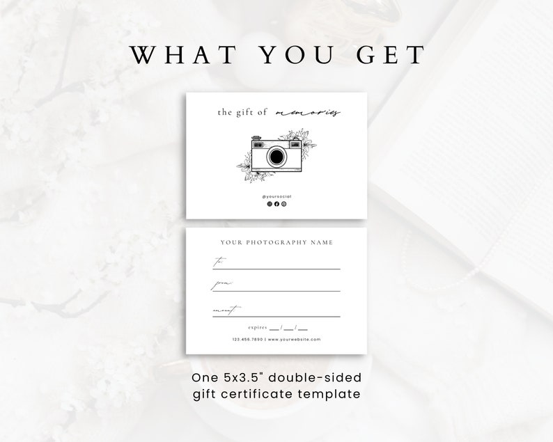 May include: A black and white printable gift certificate template for photography services. The template features a camera with floral accents and the text "the gift of memories". The back of the certificate has space for the photographer's name, the recipient's name, and an expiration date.