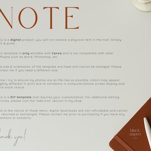 May include: A note with instructions for a digital product. The note is written in brown text on a white background. The text says "This is a digital product, you will not receive a physical item in the mail. Simply edit & print!" and "This template is only editable with Canva and is not compatible with other software such as Word, Photoshop, etc."