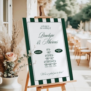 Old Money Striped Wedding Welcome Sign Template, Elegant Emerald Green Wedding Ceremony Entry Sign, Classic Vintage Wedding Signage | Penny