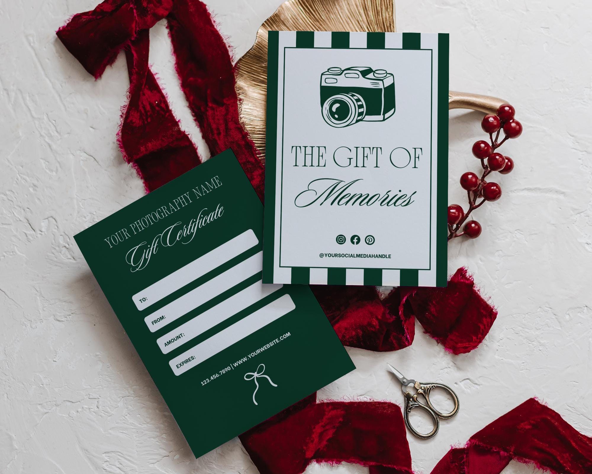 Old Money Striped Photography Gift Certificate Template, Elegant Emerald Photographer Gift Card, Classic Photo Session Gift Voucher Penny