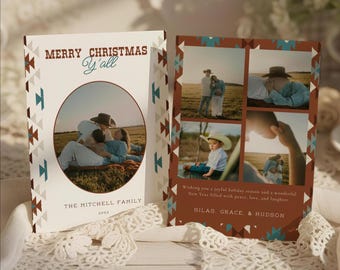 May include: Two Christmas cards with family photos. One card has a photo in an oval frame with the text "MERRY CHRISTMAS Y'all" and "THE MITCHELL FAMILY". The other card has four photos and the text "Wishing you a joyful holiday season... SILAS, GRACE, & HUDSON".