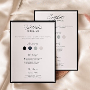 Plantilla clásica de tarjeta de información para dama de honor, tarjeta de información para la fiesta nupcial atemporal, infografía minimalista de lujo para dama de honor / Coco